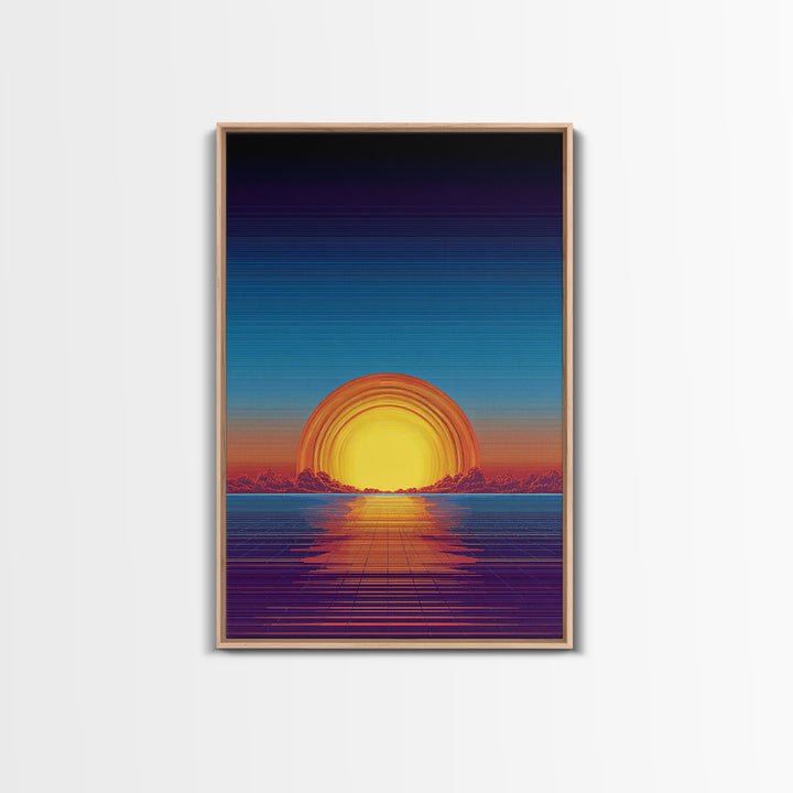 Neon Retro Sunset Over Ocean Grid Wall Art, Synthwave 80s Poster, Vaporwave Decor, Modern Digital Art, Blue Orange Print