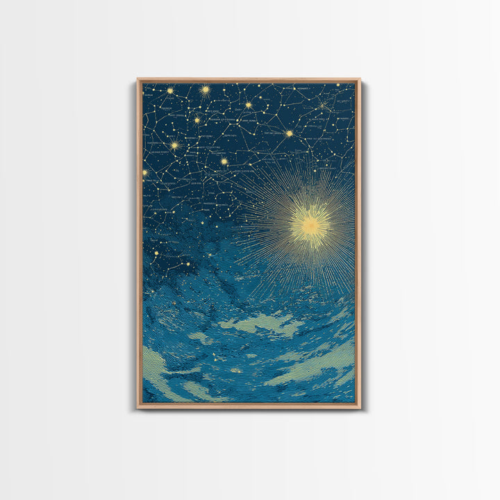 Blue Gold Celestial Starburst Canvas Print, Constellation Night Sky Wall Art, Space Abstract Art, Modern Poster, Spiritual Decor