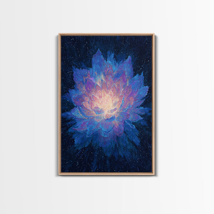Radiant Blue Lotus Canvas Print, Spiritual Floral Wall Art, Luminous Abstract Flower Poster, Yoga Meditation Room Decor Gift