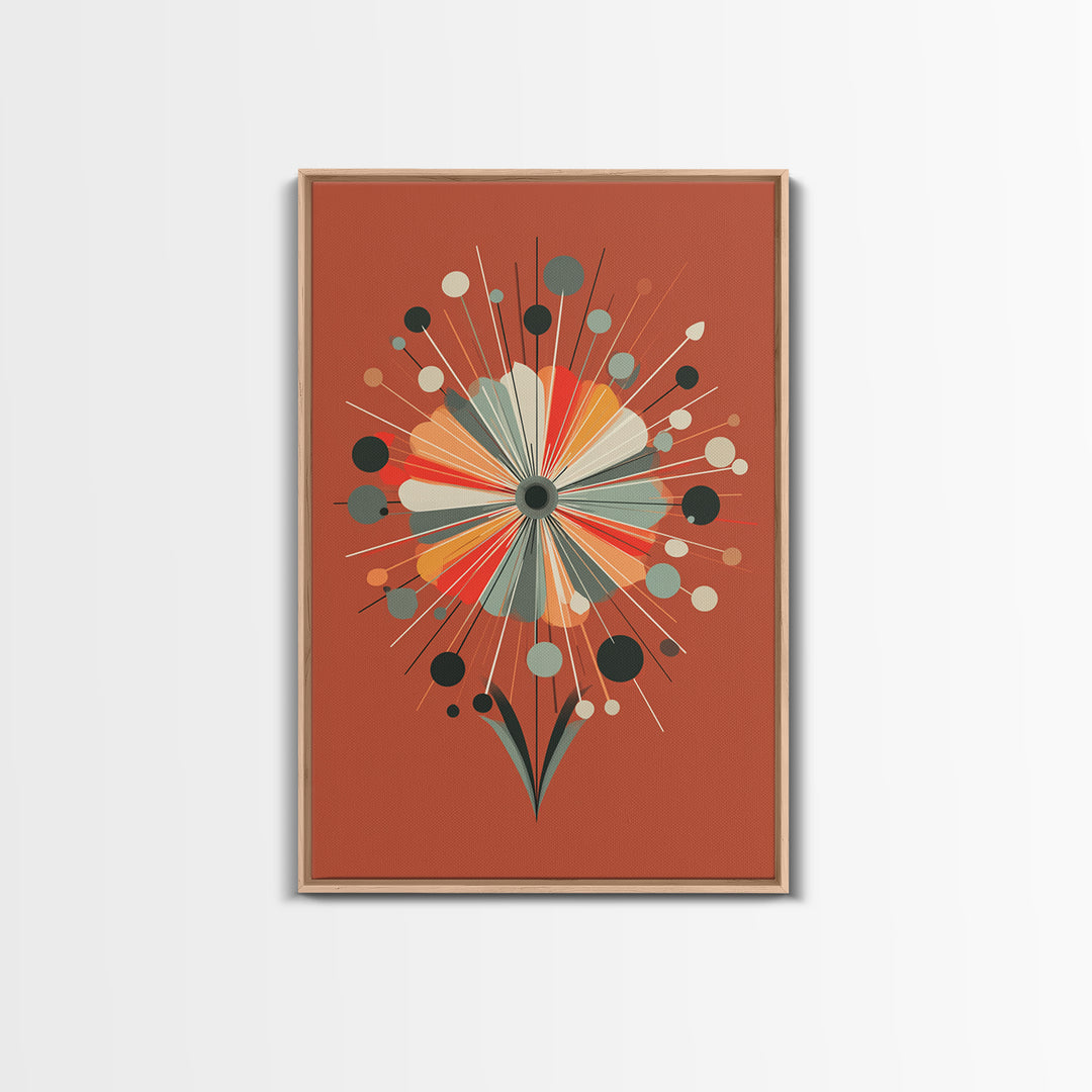 Rust Orange Atomic Flower Wall Art, Midcentury Modern Canvas Print, Geometric Retro Poster, MCM Living Room Decor Gift Idea