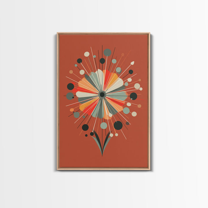 Rust Orange Atomic Flower Wall Art, Midcentury Modern Canvas Print, Geometric Retro Poster, MCM Living Room Decor Gift Idea