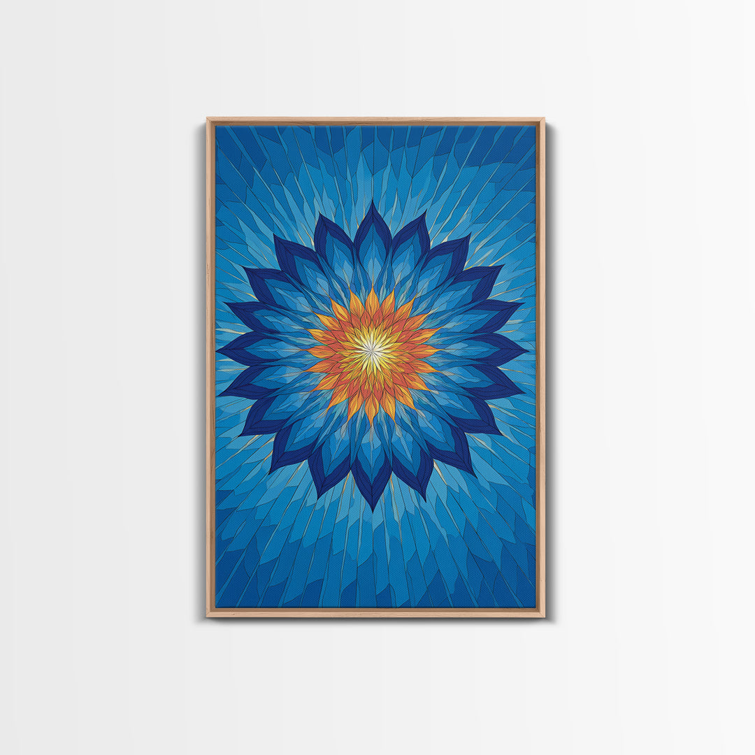 Blue Geometric Lotus Mandala Canvas Print, Abstract Floral Wall Art, Modern Spiritual Poster, Yoga Meditation Decor Gift Idea