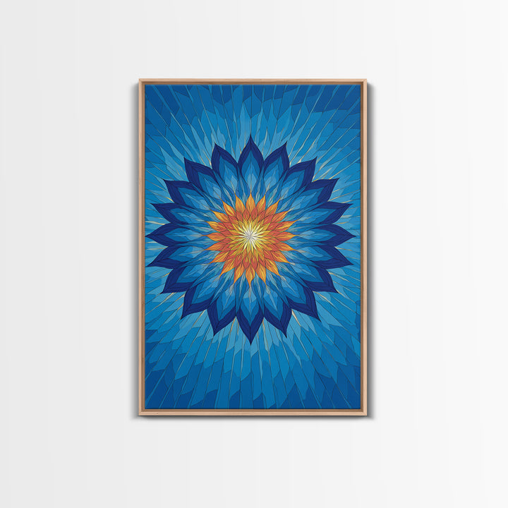 Blue Geometric Lotus Mandala Canvas Print, Abstract Floral Wall Art, Modern Spiritual Poster, Yoga Meditation Decor Gift Idea