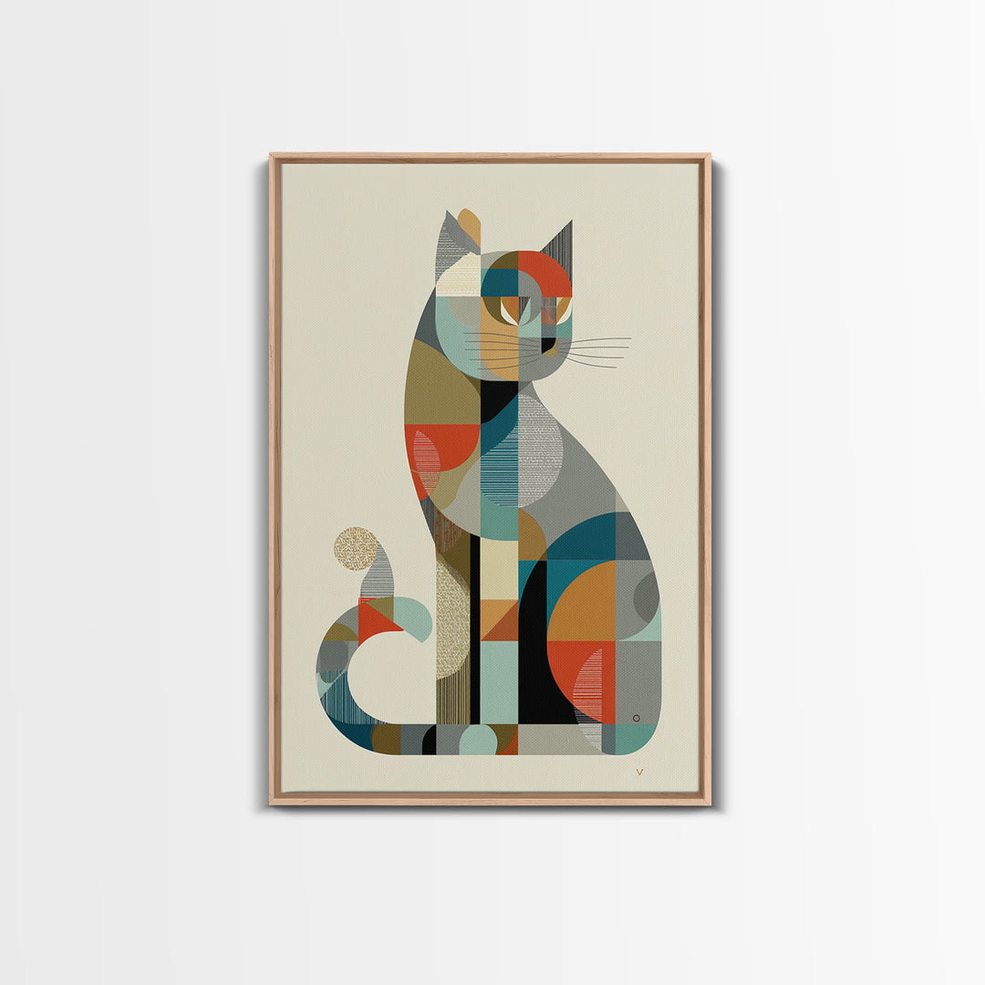 Minimalist Geometric Cat Framed Canvas Print, Midcentury Modern Animal Art, Bauhaus Poster, Neutral Scandinavian Decor Gift