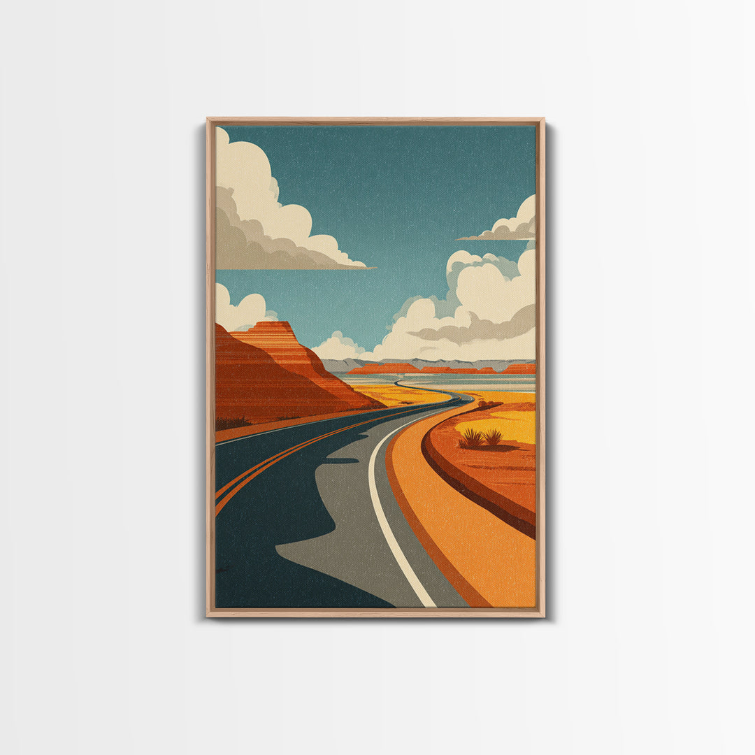 Winding Desert Highway With Red Mesas Wall Art, Mid Century Modern Travel Poster, Retro Southwest Road Trip Decor Print Gift