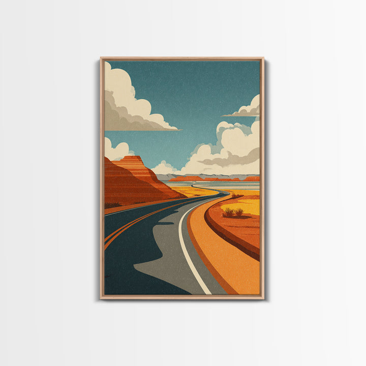 Winding Desert Highway With Red Mesas Wall Art, Mid Century Modern Travel Poster, Retro Southwest Road Trip Decor Print Gift