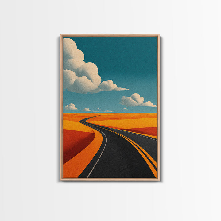 Curving Blacktop Across Orange Desert Canvas Print, Mid Century Modern Wall Art, Retro Road Trip Landscape Poster Home Decor