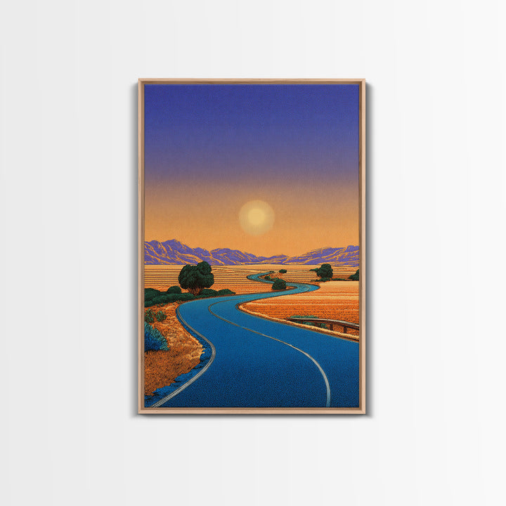 Golden Sunset Road Through Valley Wall Art, Mid Century Modern Landscape Print, Retro California Desert Home Decor Poster
