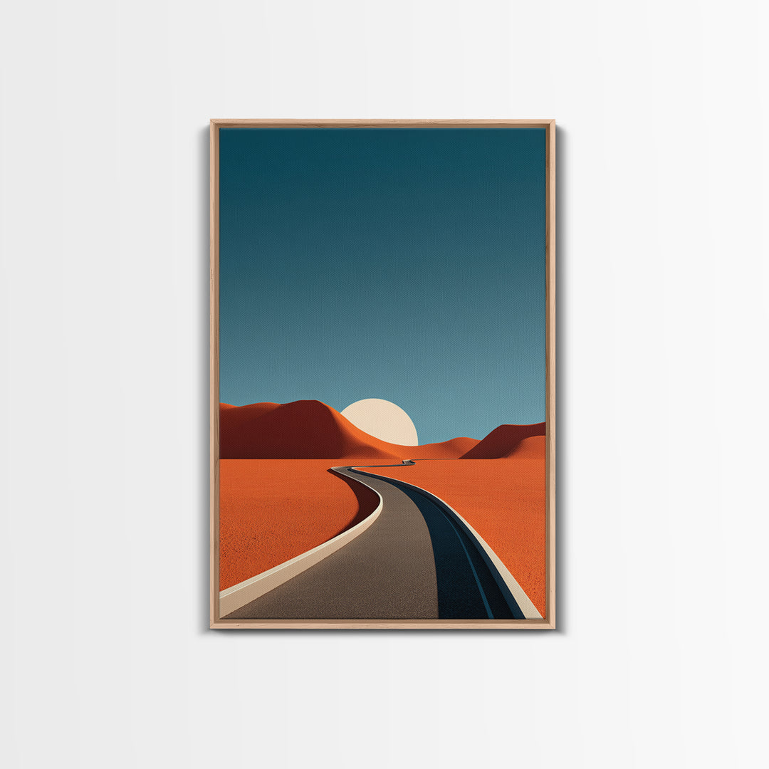 Minimal Desert Road With Low Sun Framed Canvas Print, Modern Abstract Wall Art, Midcentury Southwest Landscape Decor Poster