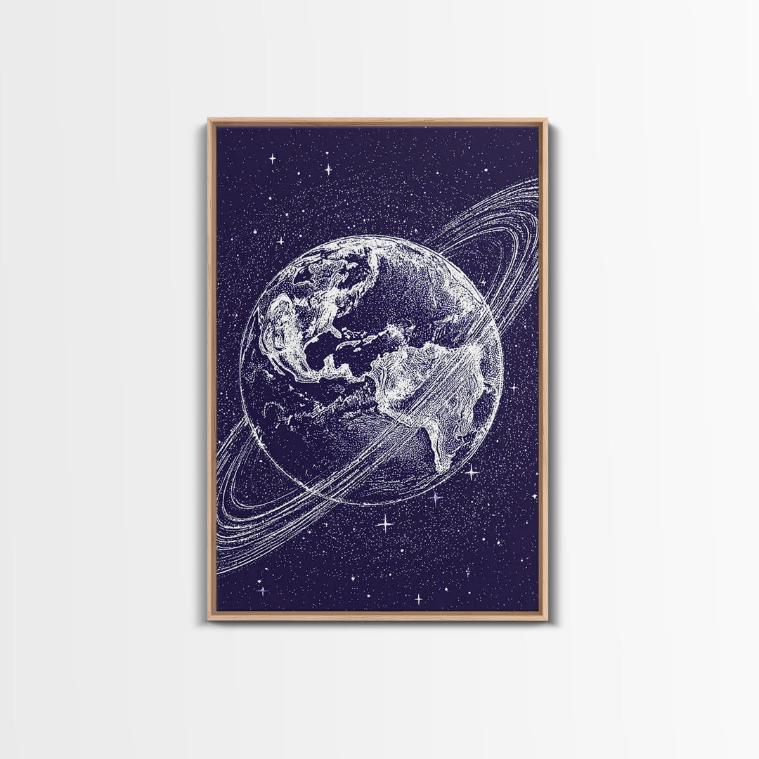Purple Starry Earth With Saturn Rings Canvas Print, Cosmic Retro Wall Art, Modern Space Poster For Bedroom Decor Gift Print