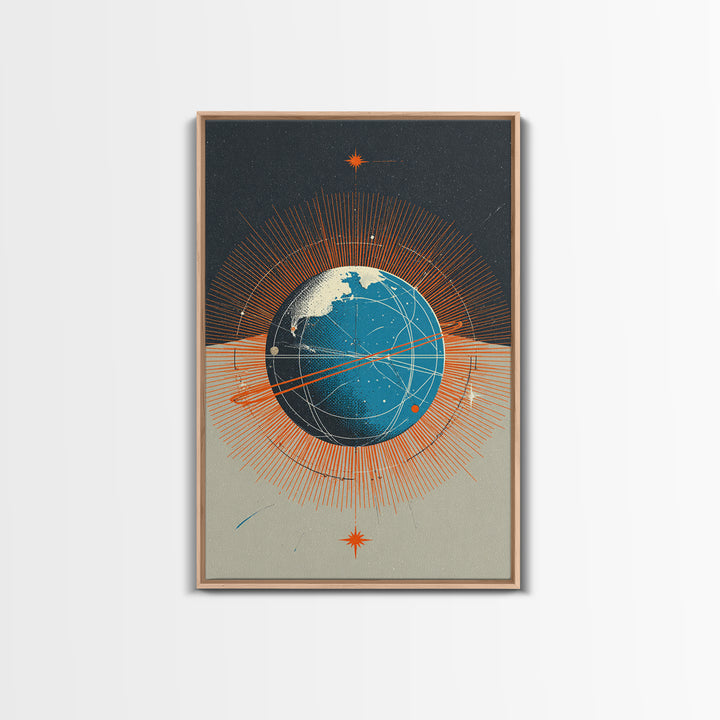Orange Orbit Planet With Radiating Lines Framed Canvas Print, Modern Abstract Wall Art, Retro Sci Fi Space Decor Poster Gift