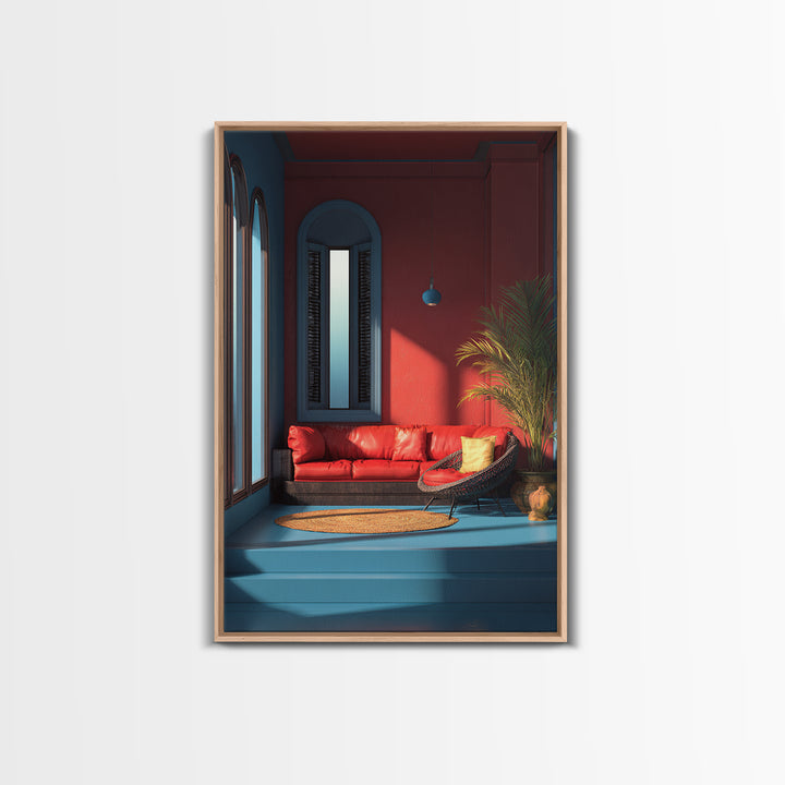 Red Sofa Blue Arch Interior Wall Art, Midcentury Modern Decor, Palm Springs Style, Bold Living Room Canvas Print Statement Home Decor