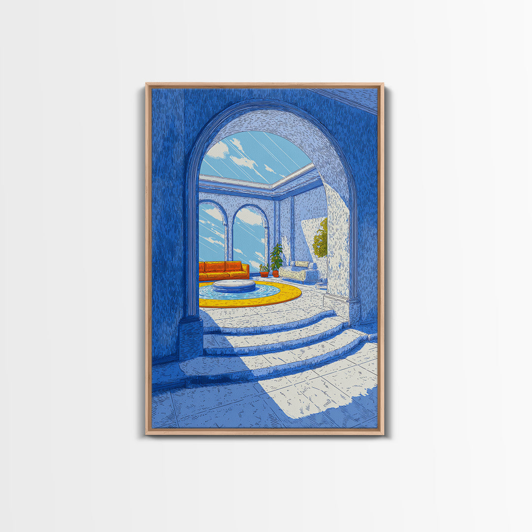 Blue Arched Sunroom With Orange Sofa Framed Canvas Print, Midcentury Modern Wall Art, Mediterranean Living Room Decor Poster