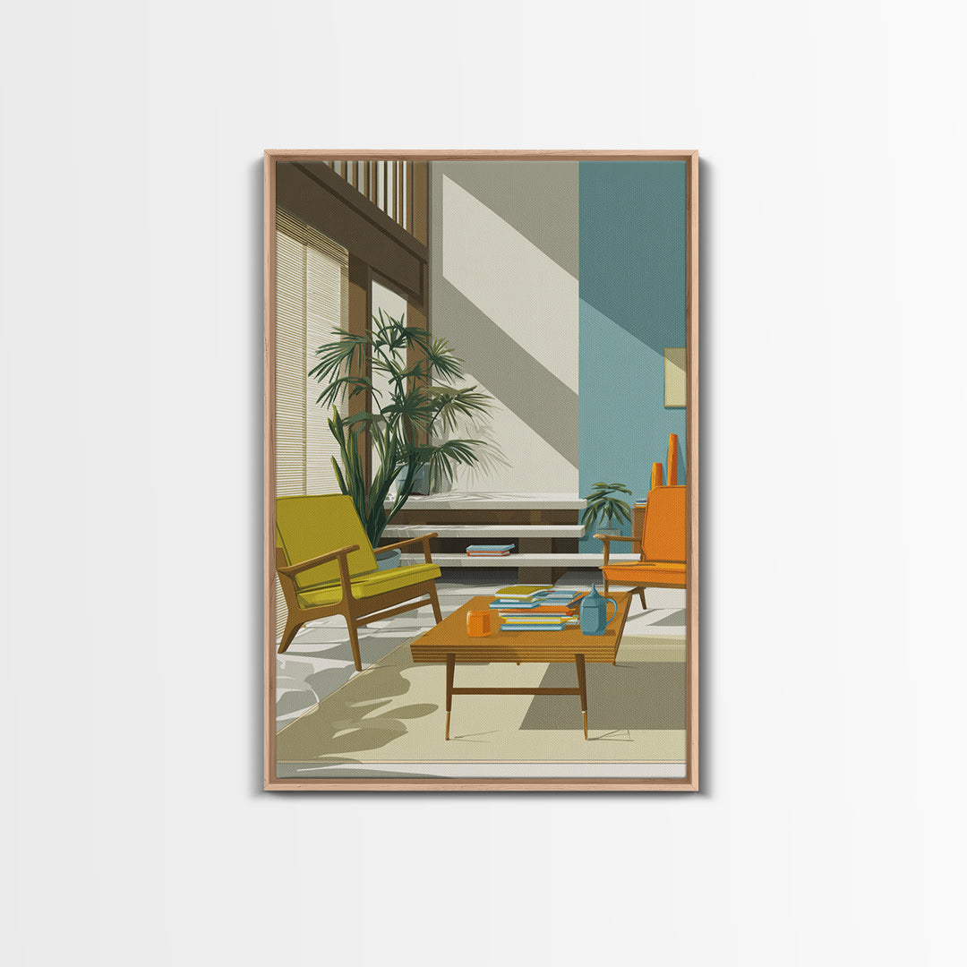 Yellow And Orange Lounge Chairs Canvas Print, Midcentury Modern Wall Art, Retro Living Room Decor, MCM Home Office Art Print
