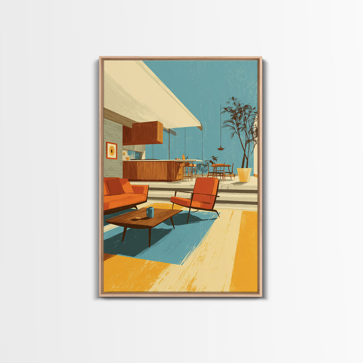 Orange Patio Chairs And Sunny Kitchen Wall Art, Midcentury Modern Decor, Retro Palm Springs Canvas Print, Bright Home Decor