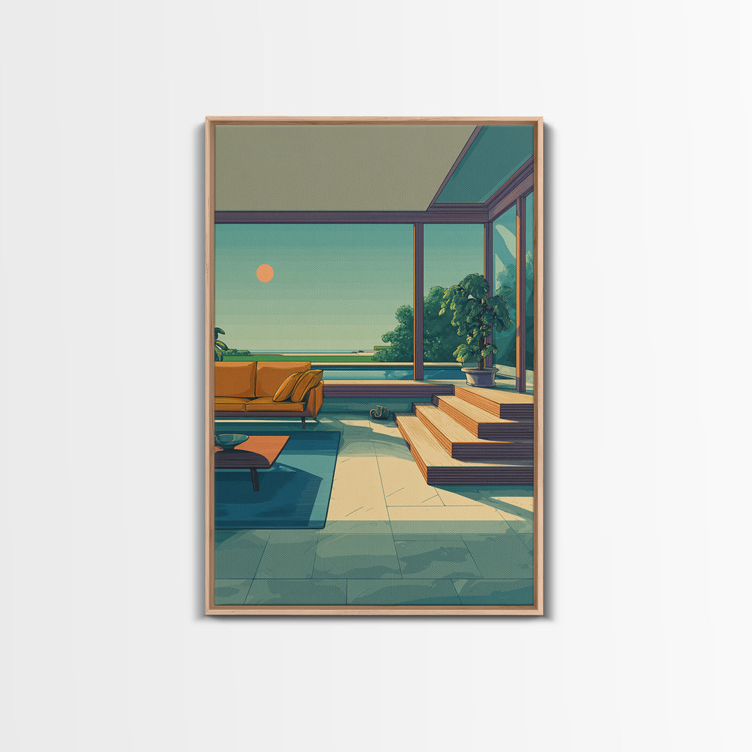 Orange Sofa Ocean View Living Room Canvas Print, Midcentury Modern Wall Art, Coastal Sunset Decor, Retro Home Office Poster