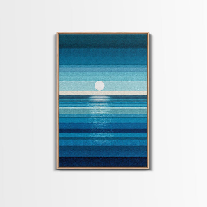Minimal Blue Ocean Moon Stripes Wall Art, Modern Abstract Art Print, Coastal Bedroom Decor, Scandinavian Modern Canvas Print
