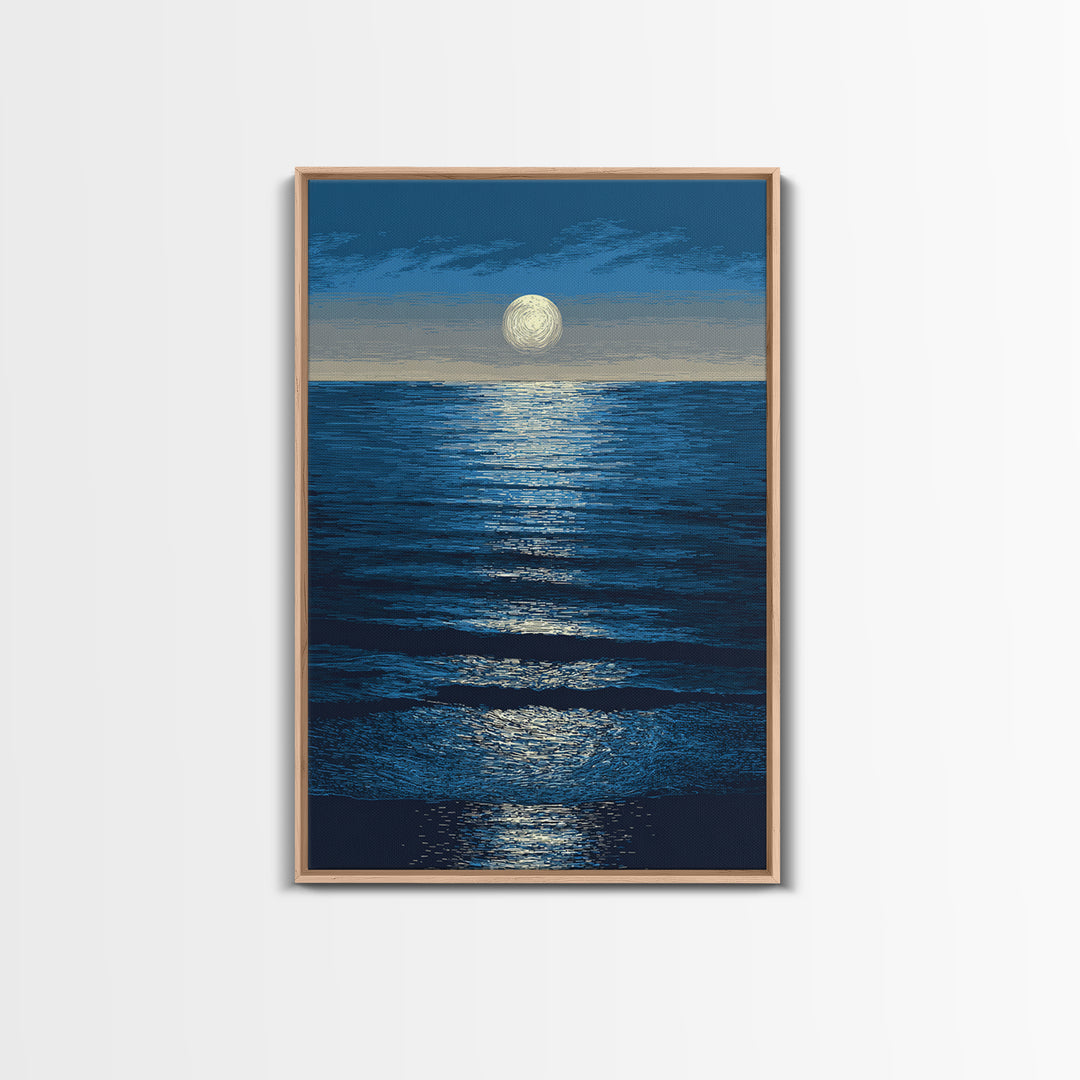 Moonlit Ocean Reflection Framed Canvas Print, Blue Wall Art, Modern Seascape Poster, Coastal Living Room And Bedroom Decor