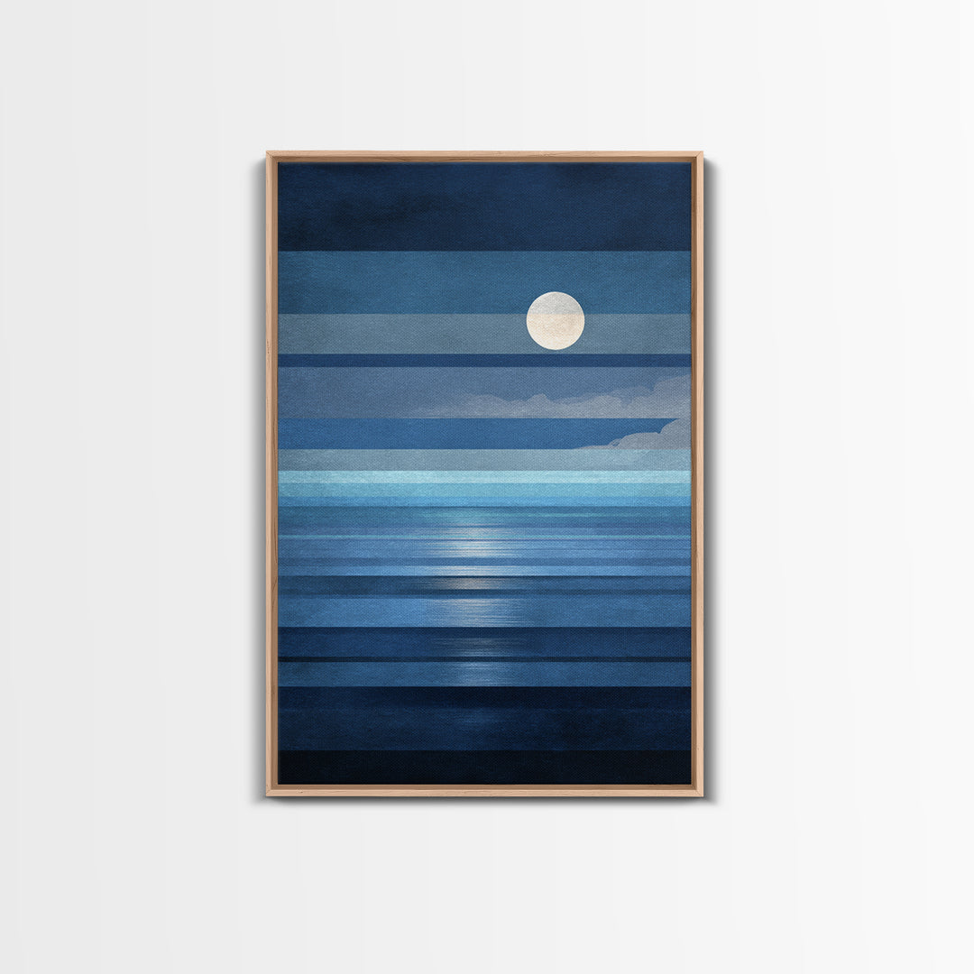 Minimalist Blue Moon Seascape Wall Art, Modern Abstract Ocean Print, Coastal Bedroom Decor, Large Canvas Print For Living Room