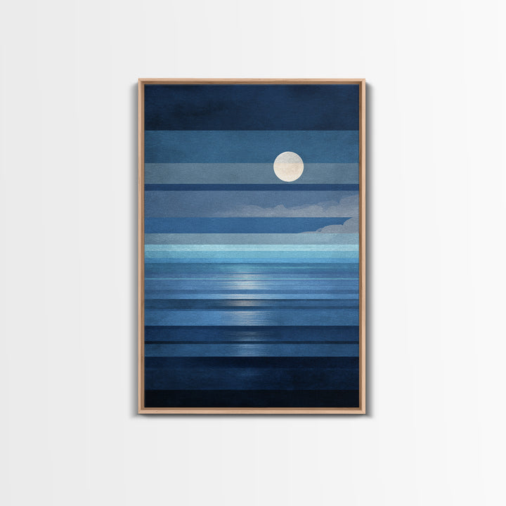 Minimalist Blue Moon Seascape Wall Art, Modern Abstract Ocean Print, Coastal Bedroom Decor, Large Canvas Print For Living Room