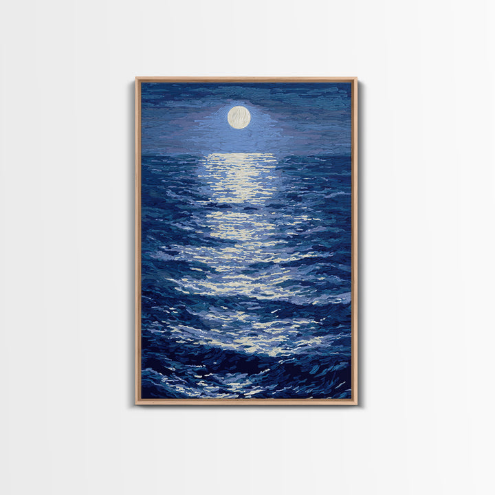 Textured Moonlit Waves Canvas Print, Blue Wall Art, Coastal Seascape Painting, Modern Living Room Decor, Ocean Art Print