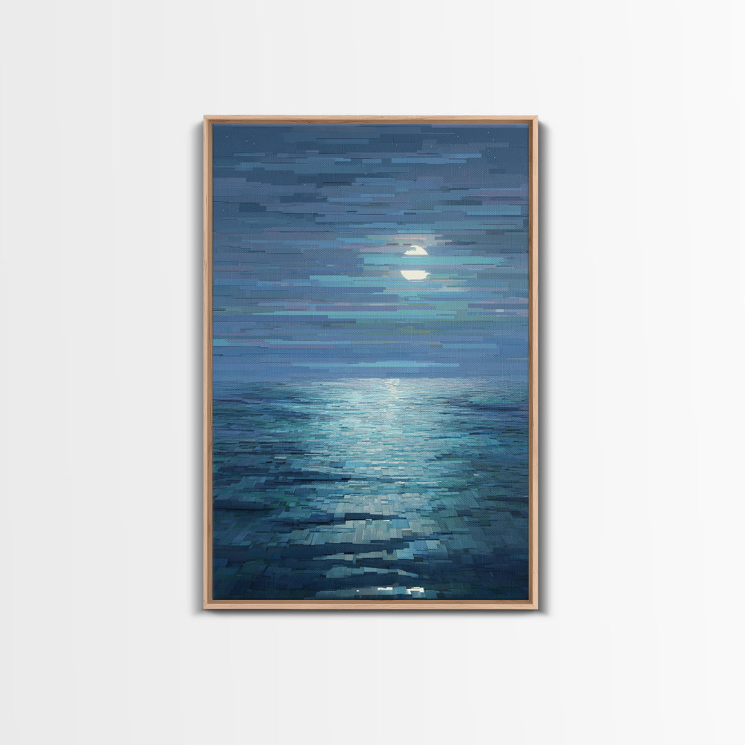 Pixelated Moon Over Calm Sea Wall Art, Modern Digital Art, Blue Coastal Canvas Print, Abstract Seascape Living Room Decor