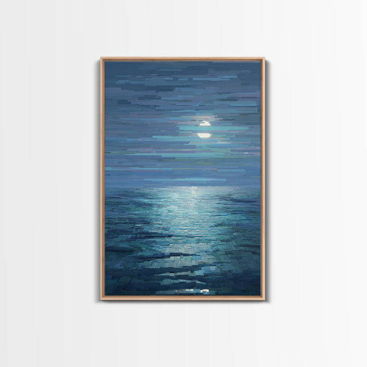 Pixelated Moon Over Calm Sea Wall Art, Modern Digital Art, Blue Coastal Canvas Print, Abstract Seascape Living Room Decor