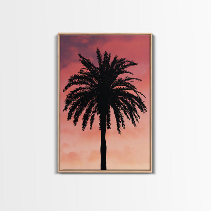 Cloudy Coral Palm Silhouette Sunset Canvas Print, Retro Tropical Wall Decor, Palm Springs Poster, Coastal Bedroom Art Print