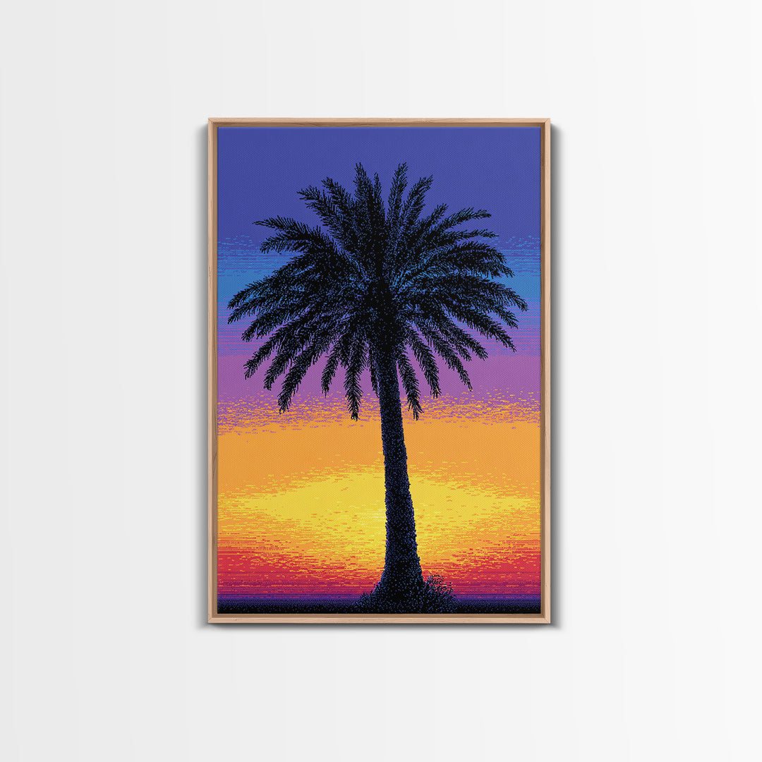 Pixel Palm Tree Against Blue Yellow Sunset Wall Art, Retro Digital Poster, Tropical MCM Wall Decor, Colorful Coastal Print