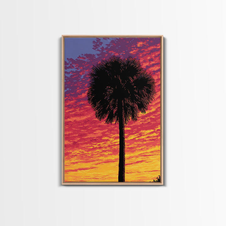Fiery Palmetto Silhouette In Magenta Sunset Wall Art, Retro Tropical Poster, Palm Springs Decor, Bold Coastal Art Print Gift