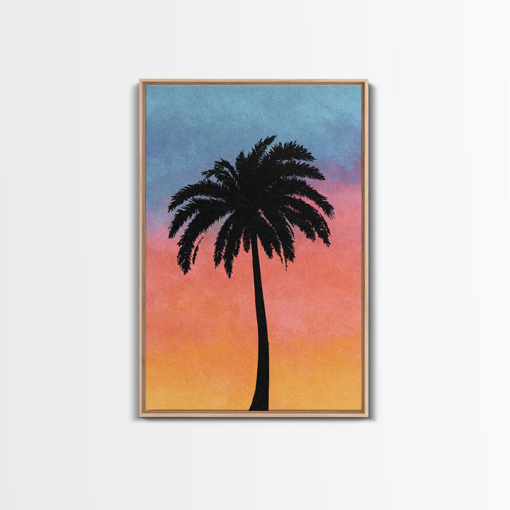 Textured Palm Silhouette With Coral Blue Sky Canvas Print, Retro Tropical Wall Decor, Palm Springs Style, Coastal Art Print
