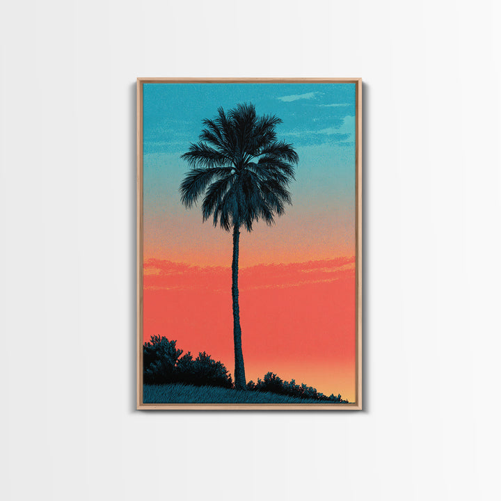 Tall Palm Silhouette In Turquoise Coral Sunset Wall Art, Retro Tropical Poster, Palm Springs Decor, Coastal Home Art Print