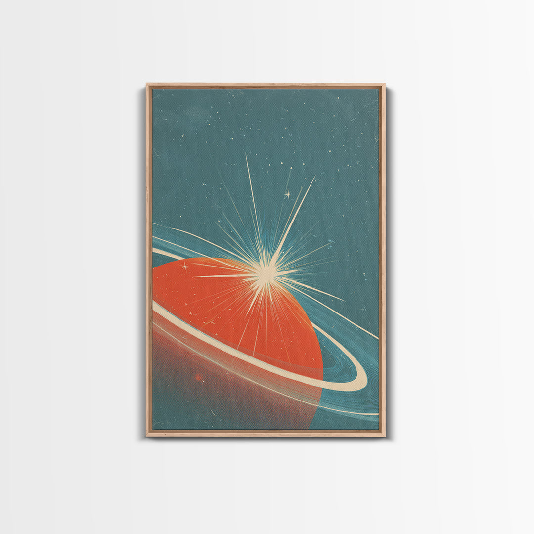 Retro Ringed Planet With Starburst Framed Canvas Print, Mid Century Modern Wall Art, Space Abstract Poster, Sci Fi Decor