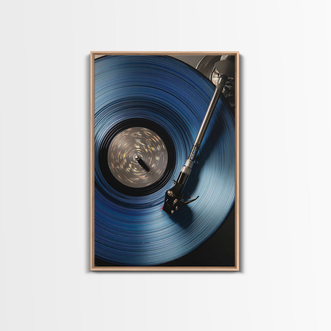 Blue Vinyl Record Canvas Print, Modern Wall Art For Music Lovers, Retro Turntable Poster, Moody Home Office Decor Gift For Him