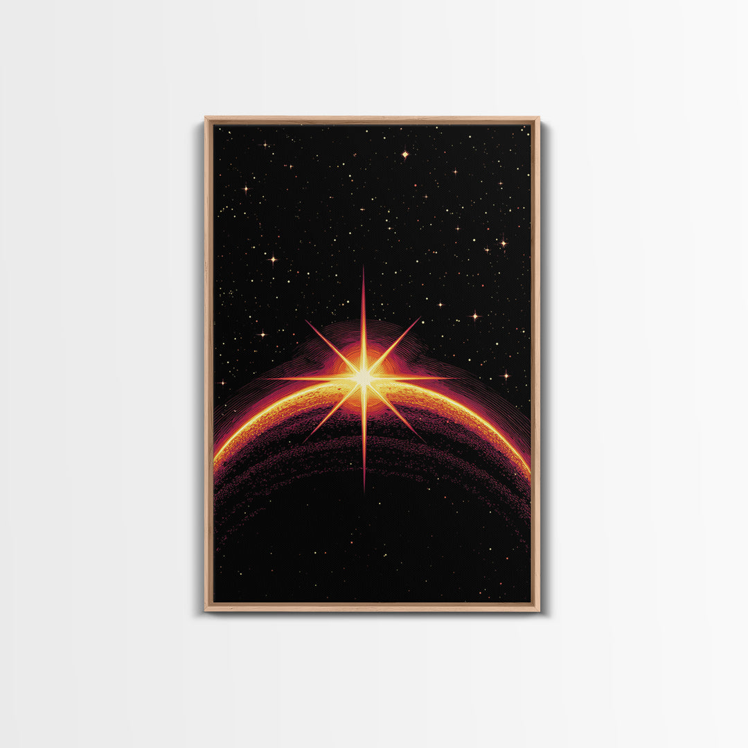 Cosmic Sunrise Over Dark Planet Wall Art, Retro Sci Fi Poster, Space Abstract Art Print, Mid Century Modern Decor, Starry Room Decor