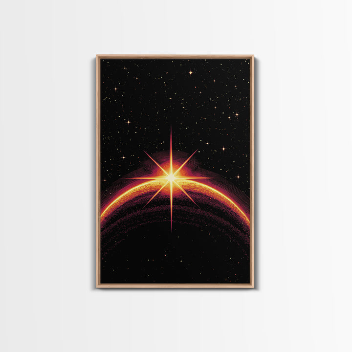 Cosmic Sunrise Over Dark Planet Wall Art, Retro Sci Fi Poster, Space Abstract Art Print, Mid Century Modern Decor, Starry Room Decor