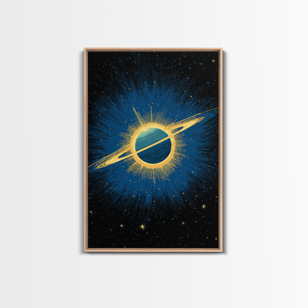 Blue Saturn Eclipse Burst Canvas Print, Retro Sci Fi Space Poster, Modern Wall Art, Midcentury Cosmic Decor, Galaxy Gift