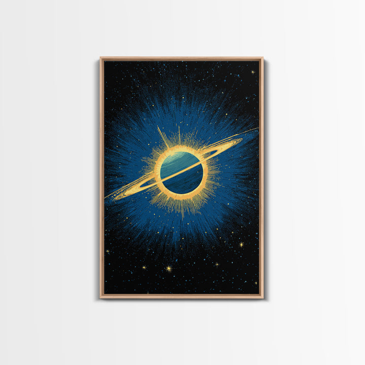 Blue Saturn Eclipse Burst Canvas Print, Retro Sci Fi Space Poster, Modern Wall Art, Midcentury Cosmic Decor, Galaxy Gift