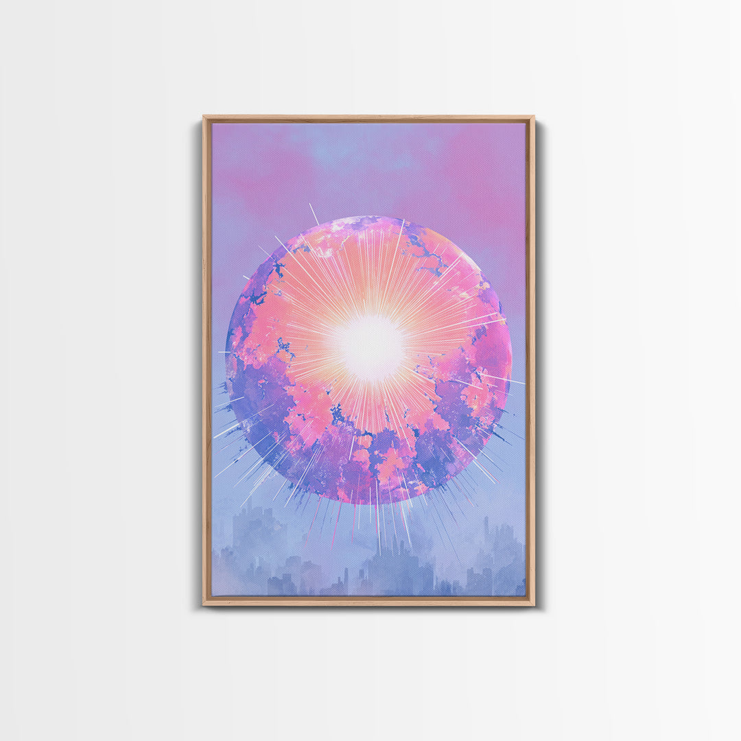 Pink Glowing Planet Over Skyline Wall Art, Pastel Sci Fi Poster, Modern Art Print, Dreamy Space Decor, Retro Galaxy Gift