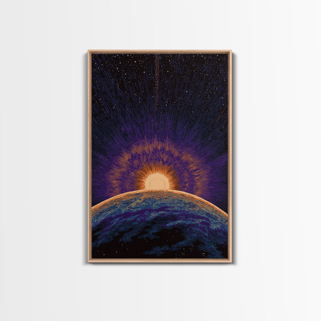 Purple Planet Sunrise Horizon Canvas Print, Retro Sci Fi Space Poster, Modern Wall Art, Midcentury Starburst Decor Gift Idea