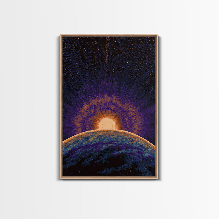 Purple Planet Sunrise Horizon Canvas Print, Retro Sci Fi Space Poster, Modern Wall Art, Midcentury Starburst Decor Gift Idea
