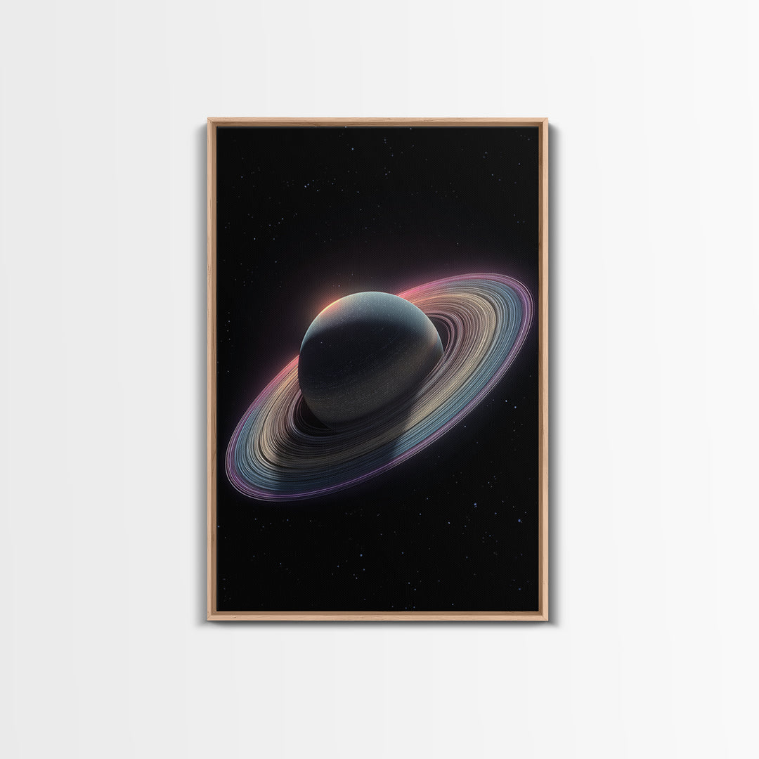 Dark Saturn With Iridescent Rings Wall Art, Realistic Sci Fi Space Poster, Modern Art Print, Cosmic Retro Home Decor Gift