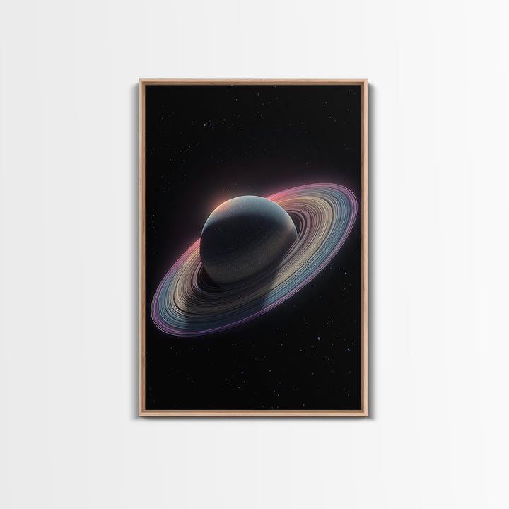 Dark Saturn With Iridescent Rings Wall Art, Realistic Sci Fi Space Poster, Modern Art Print, Cosmic Retro Home Decor Gift
