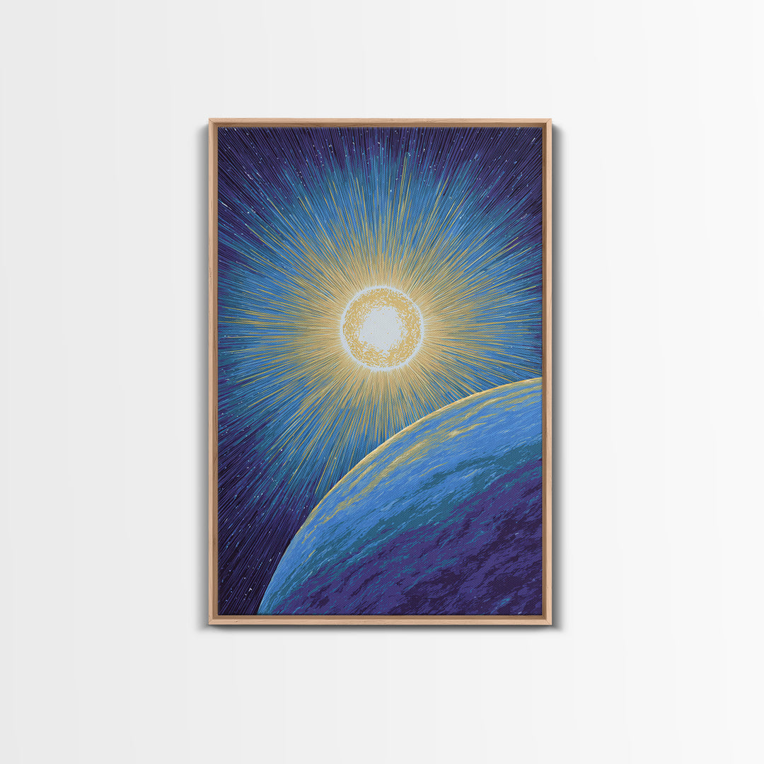 Radiant Sun Above Blue Planet Canvas Print, Retro Sci Fi Space Poster, Modern Wall Art, Midcentury Cosmic Home Decor Gift