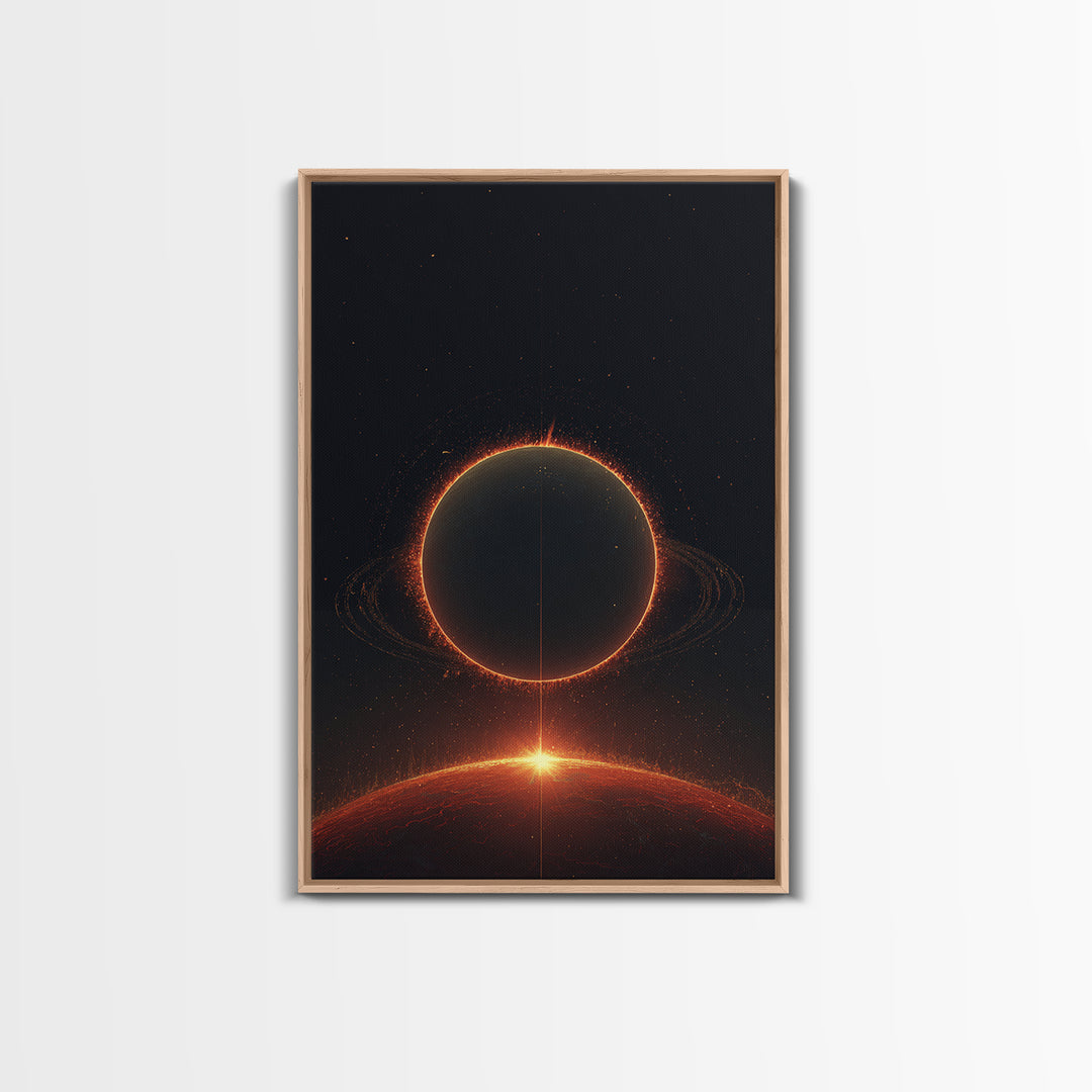 Red Eclipse Over Fiery Planet Wall Art, Minimal Sci Fi Space Poster, Modern Art Print, Dark Cosmic Retro Home Decor Gift