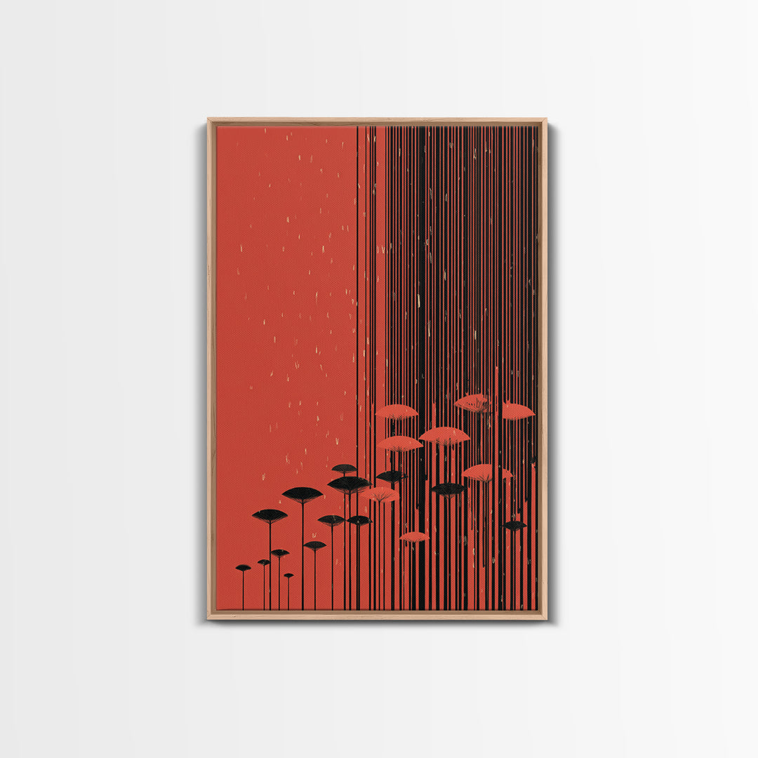 Red Abstract Rain Umbrella Wall Art, Midcentury Modern Art Print, Japanese Poster Style, Geometric Retro Home Decor Gift