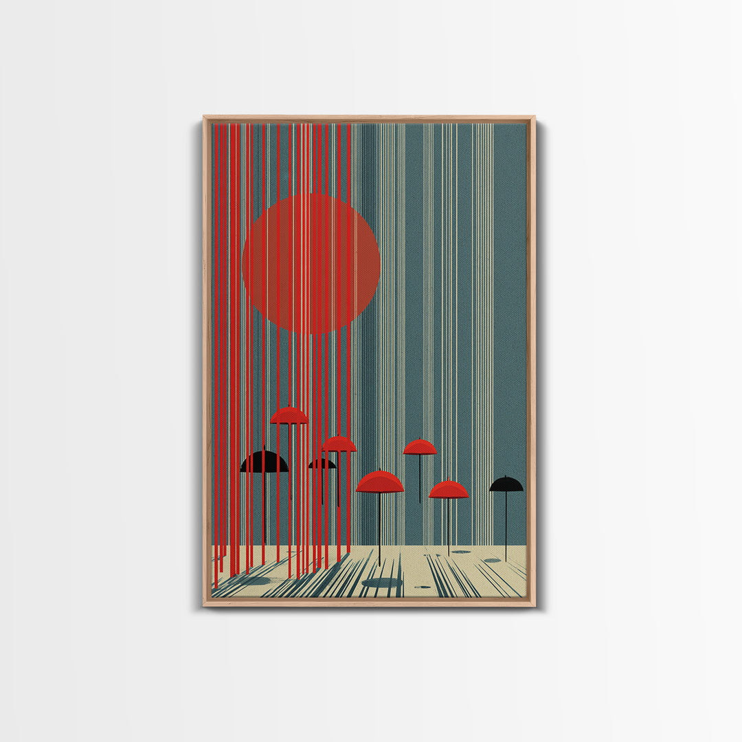 Teal Red Sun And Rain Umbrellas Canvas Print, Midcentury Modern Wall Art, Geometric Japanese Poster, Retro Decor Gift Idea