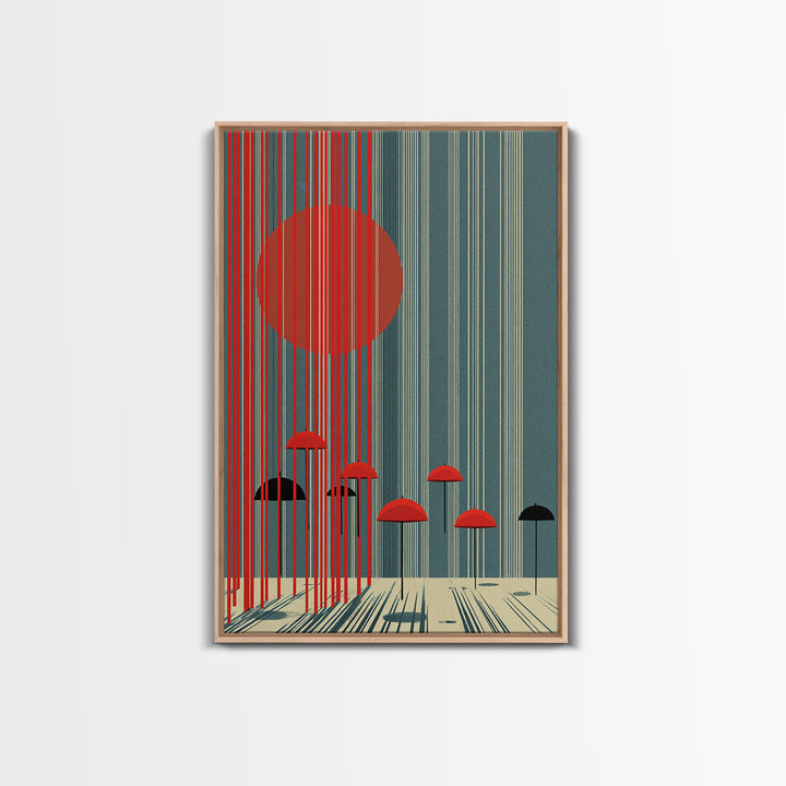 Teal Red Sun And Rain Umbrellas Canvas Print, Midcentury Modern Wall Art, Geometric Japanese Poster, Retro Decor Gift Idea