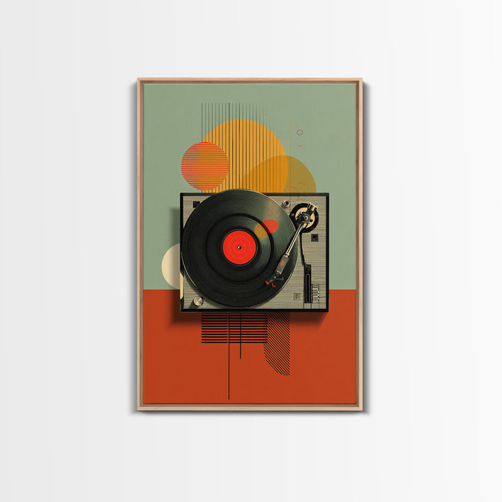 Retro Turntable Sun Shapes Framed Canvas Print, Midcentury Modern Wall Art, Orange Green Music Room Decor Poster For Vinyl Lovers