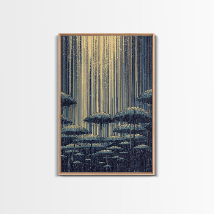 Blue Rainy Umbrella Moonlight Wall Art, Midcentury Modern Art Print, Japanese Poster Style, Retro Scenic Home Decor Gift